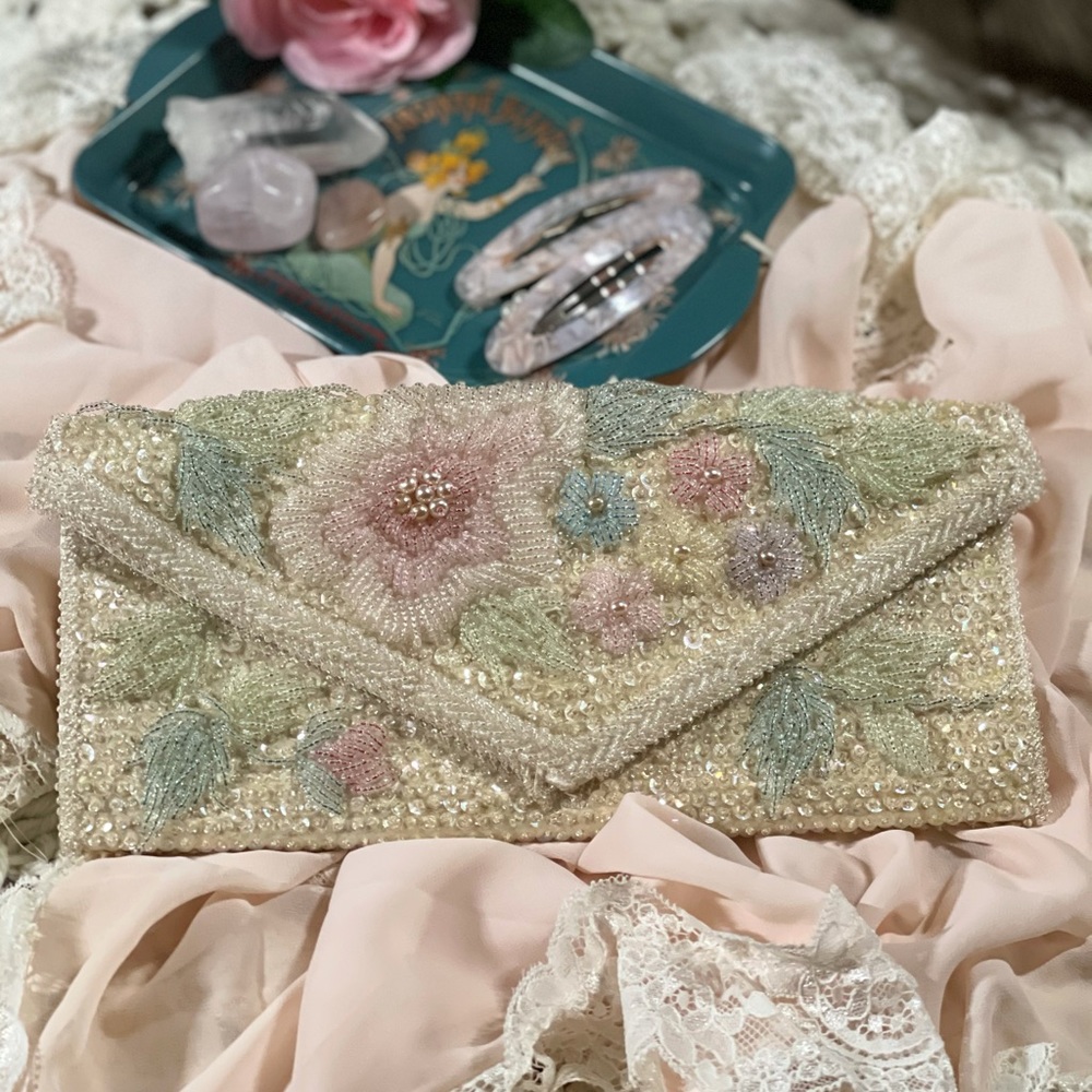 Antique Vintage Beaded Floral Clutch Purse